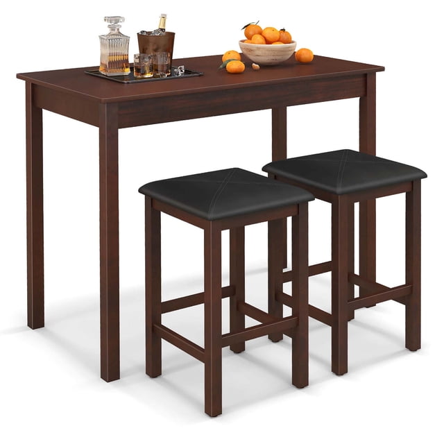 Costway Ensemble de 3 Pcs Table de Bar Table à Manger et 2 Tabourets de Bar Rembourrés en Cuir PVC Brun Rustique