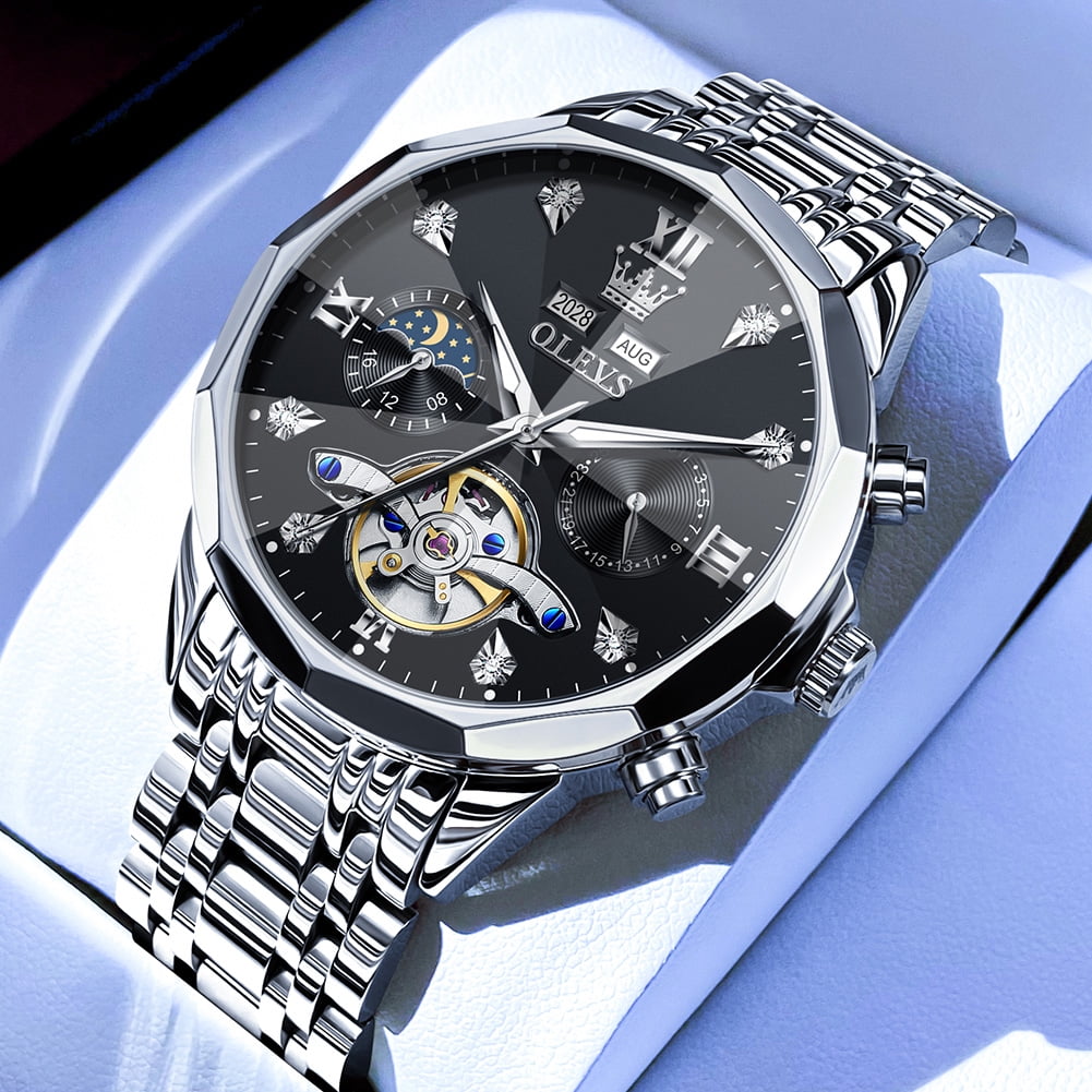 OLEVS Automatic Watches for Men Luxury Dress Waterproof Self Winding Mechanical Moon Phase Chronograph Stainless Steel Luminous Diamond Date Skeleton Tourbillon Wristwatch for Men Reloj Para Hombre