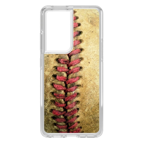 DistinctInk Clear Shockproof Hybrid Case for Galaxy S21 ULTRA 5G (6.8" Screen) - TPU Bumper, Acrylic Back, Tempered Glass Screen Protector - Old Baseball Stitch - Show Your Love of Baseball