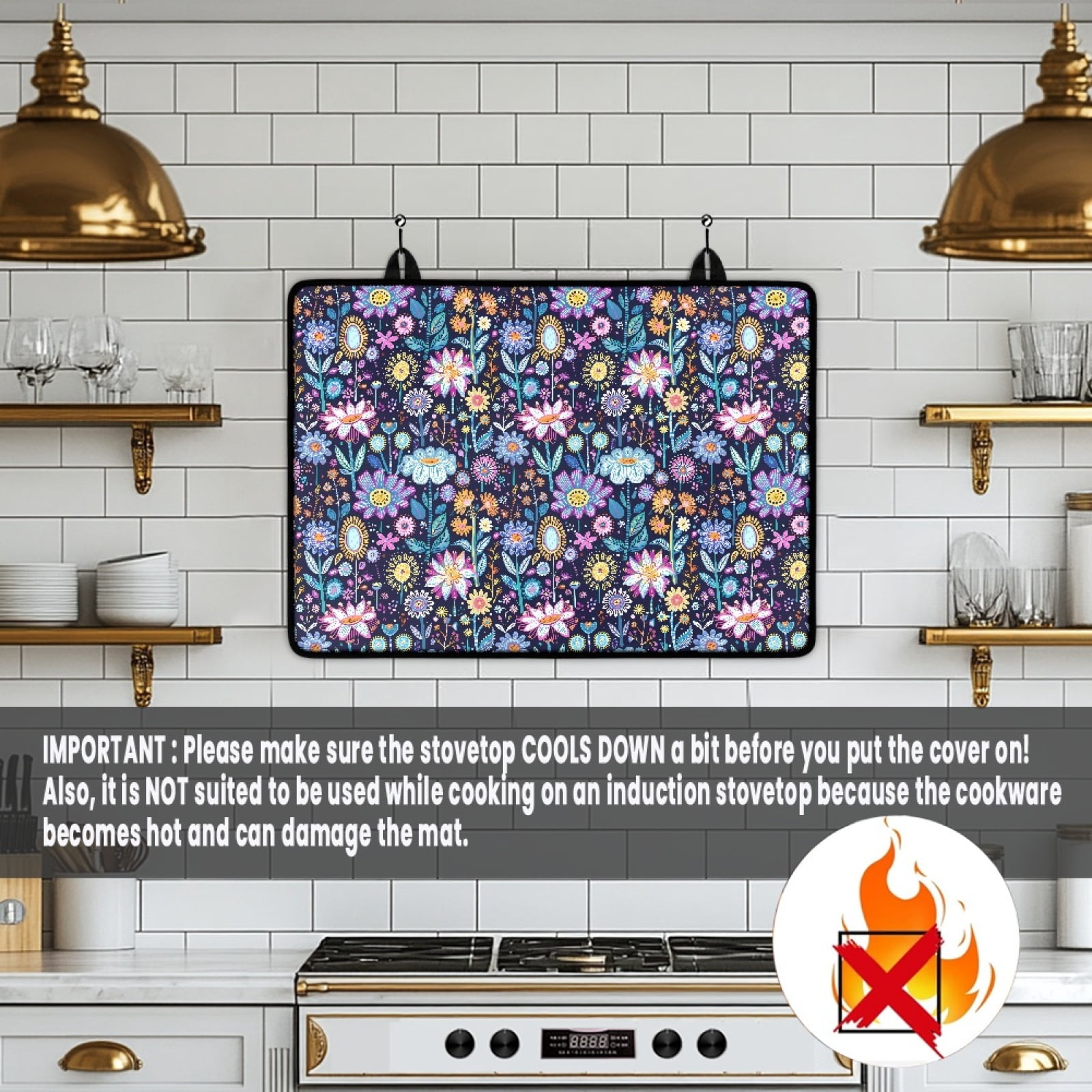 Renewold Stove Cover Glass Stove Top Cover Protector Heat Resistant Non-slip Stove Burner Cover Prevent Scratching Cooktop Mat for Kitchen Counter, Hippie Flower Lotus Violet