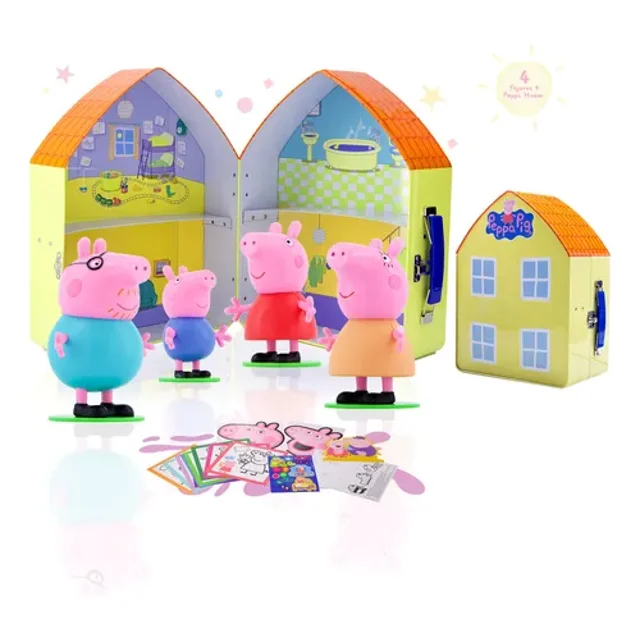 LUPPA Peppa Pig Juguetes, Casa de Peppa Pig con 4 Figuras en Lunchera Coleccionable. Incluye Hojas para Colorear, Calcomanias, Máscara de Papel, Títere de Dedos y Figura Troquelada Armable