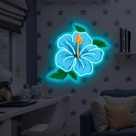 USB-powered hibiscus LED neon sign. Features vibrant blue and yellow tropical design. Easy wall-mounted installation, no batteries needed. Perfect for garden, nursery, or bedroom decor.