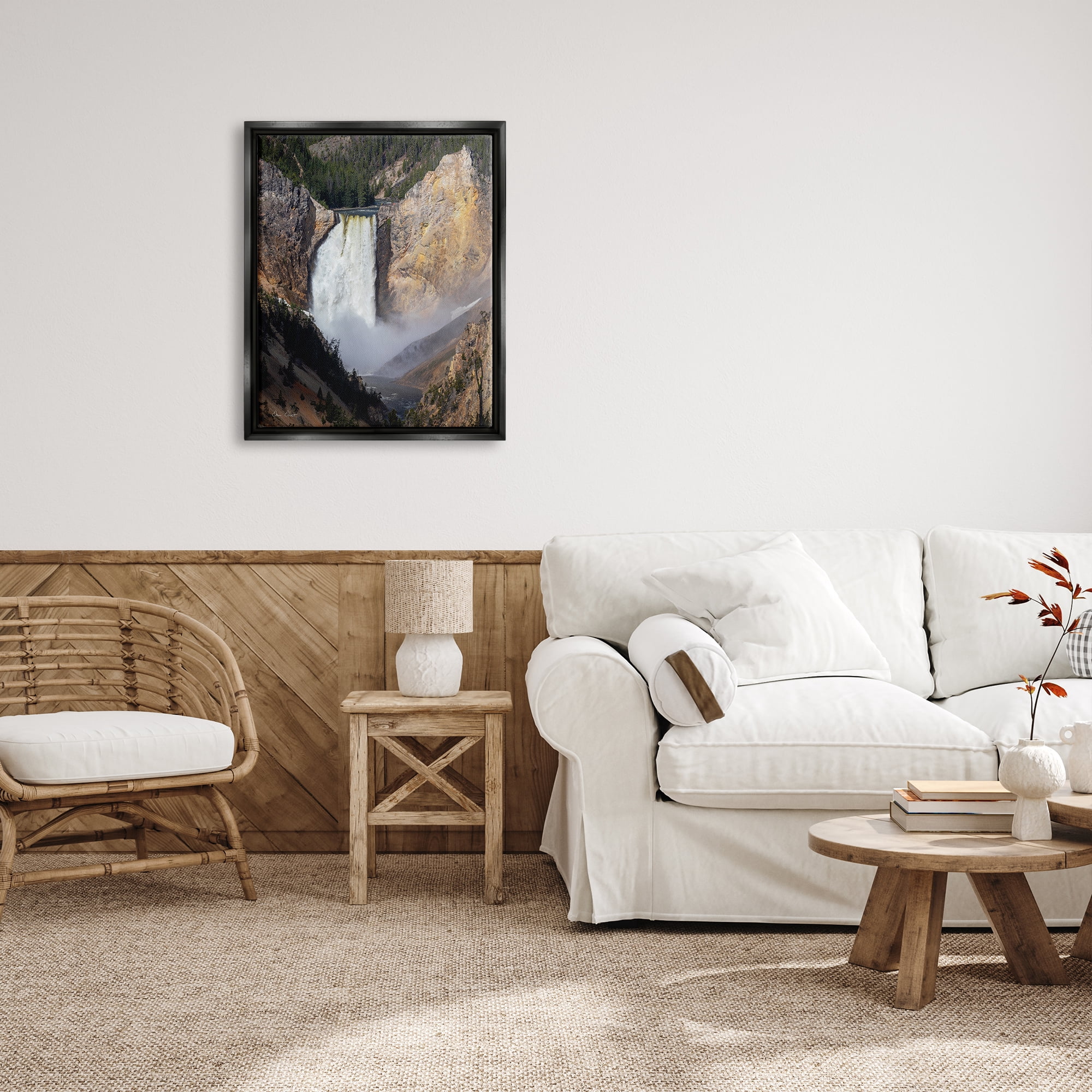 Stupell Industries Waterfall in Rocky Cliffs Nature Photography Black Floater Framed Art Print Wall Art, 25 x 31
