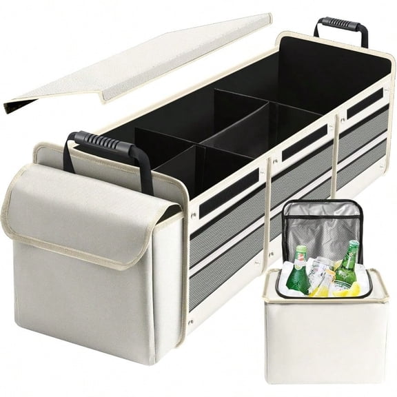 Car Trunk Organizer with Insulated Leakproof Cooler Bag 4 in 1 Waterproof Portable Car Storage Organizer with Collapsible Cover 3 Large Compartments Trunk Organizer for SUV Car Truck Beige
