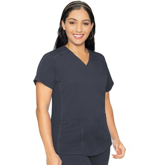 Med Couture V-Neck Scrub Top for Women with 4 Pockets, Rib-Knit Side Panel, and Shirttail Hem MC7459, Pewter, 5X-Large