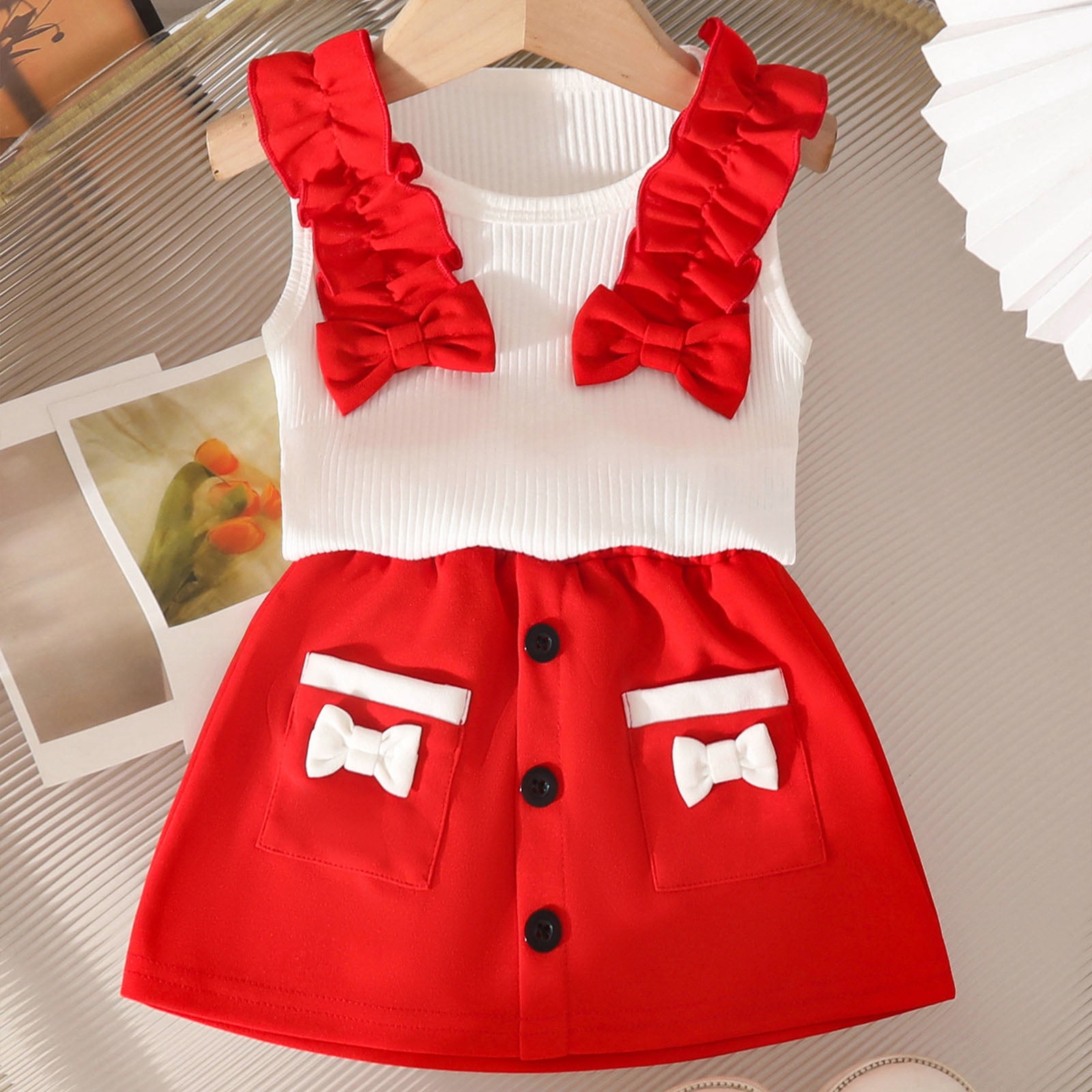 Faraee Toddler Summer Clothes for Girls Baby Ribbed Sleeveless Tops Bow Skort Set with Pockets Infant Cute Casual Outfit (3-4T,Red)