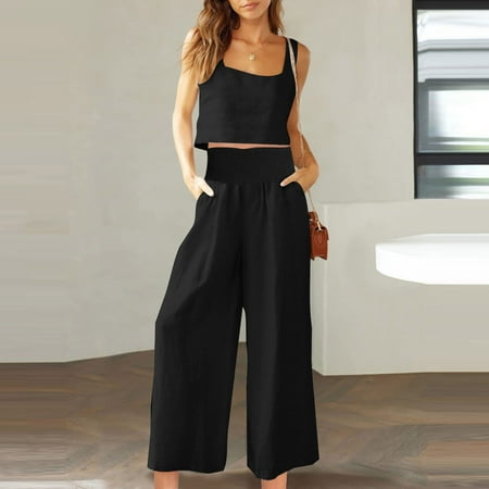 Clearance & Promo  Womens Casual Suit  Linen Shorts with Sleeveless Crewneck Top  Comfortable & Stylish Two-Piece Set | Sopatenor  Black 2XL