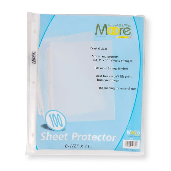 Moore Sheet Protectors, Holds 8.5 x 11 inch Sheets, Clear, Reinforced, Fit Standard 3 Ring Binders , Acid-Free, Archival Safe for Documents and Photos (100 Sheets)