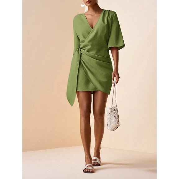 Green Linen V-Neck Wrap Mini Dress With Side Tie, Casual Summer Style
