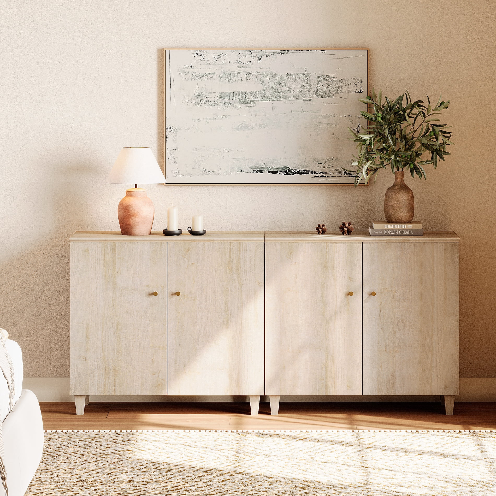 2-in-1 Dresser Cabinets with 6 Compartments for Bedroom, Modern Wood Wide Dresser Chest with Doors, Biscotti,1 Pack