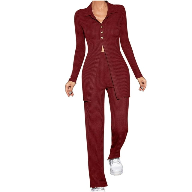 AherBiu 2 Piece Lounge Sets for Women Ribbed Knit Button Split Long Sleeve Shirts Pants Fall Outfits