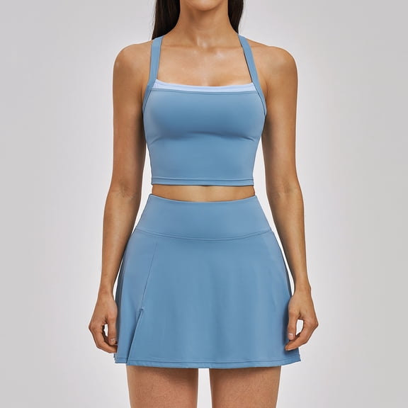 PISONIC Women 2 Piece Tennis Dress Cross-Back Tank Top with High Waisted Workout Skorts Skirt Set Yoga Golf Athletic Outfits Set