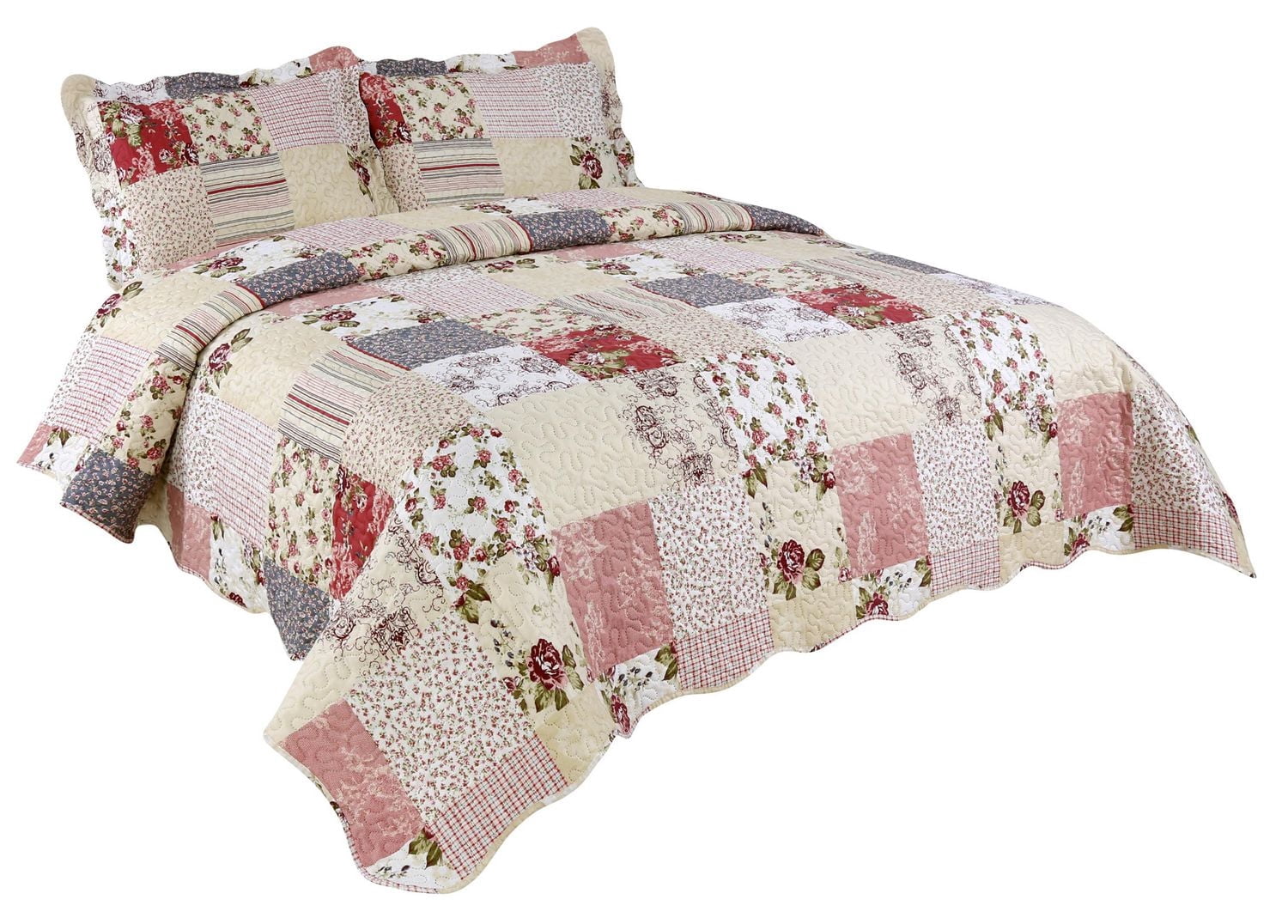 Marina Decoration Embossed Pinsonic Coverlet Bedspread Soft Bedding Summer Printed Quilt Set with Shams, Pink Purple Cream Floral Plaid Pattern