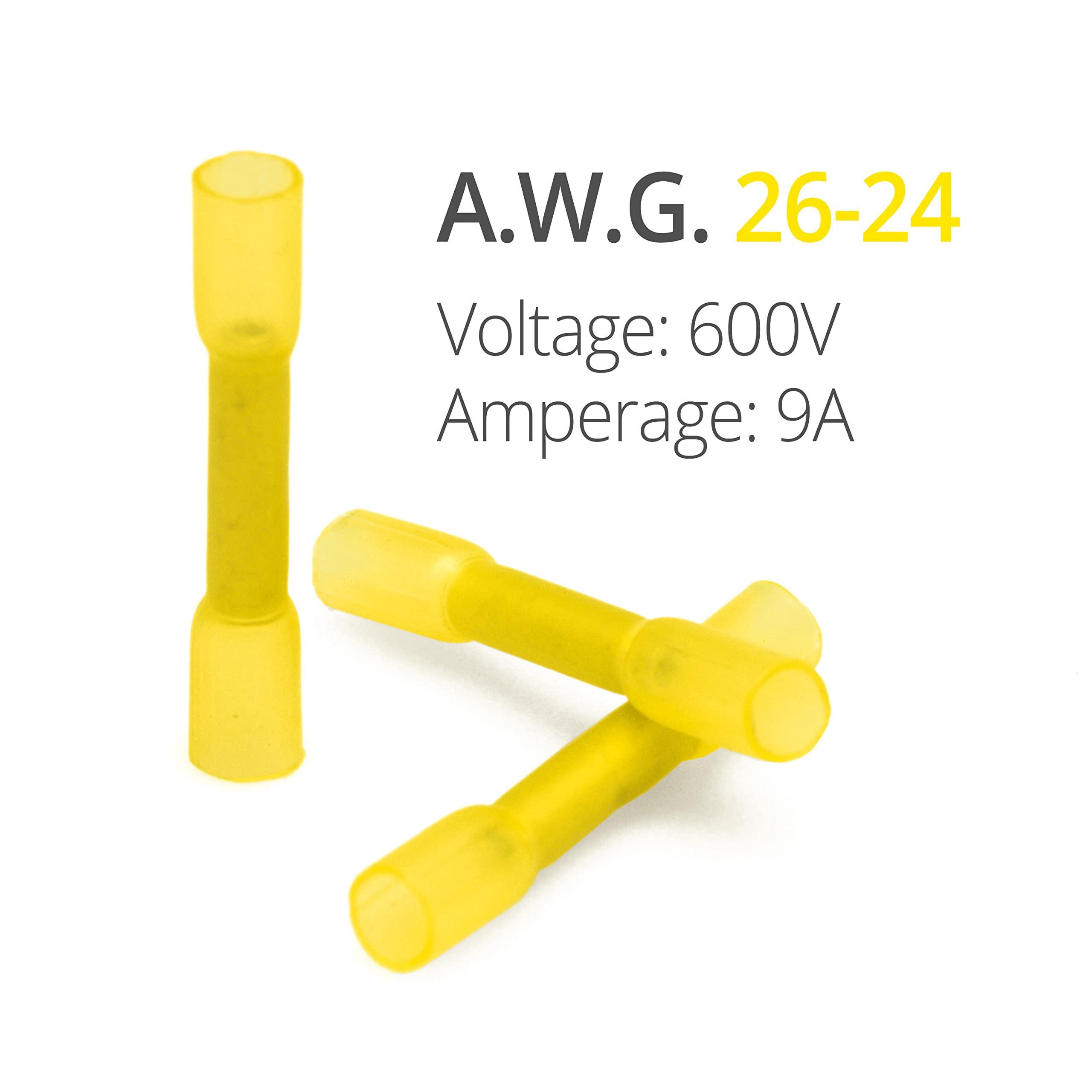 Wirefy 150 PCS Heat Shrink Butt Connectors Yellow 26-24 AWG - Smaller Diameter Marine Grade Butt Connectors - Wire Butt Splice Connectors - Electrical Waterproof Heat Shrink Butts