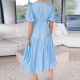 thumbnail image 6 of Women's Deep V Neck Puff Short Sleeve Tiered Dress Elastic High Waist Flowy A Line Midi Dresses Light Blue,S, 6 of 7