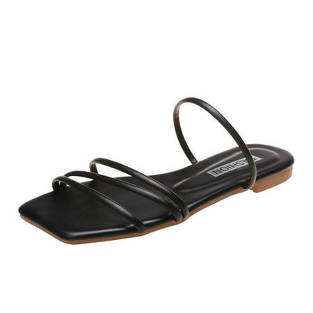 

Ladies Flat Sandals Clearance Women Strappy Sandals Square Toe Sliders Summer Beach Holiday Slides Flats Low Heel Casual Slippers Open Post Beach Pool Shoes Outdoor
