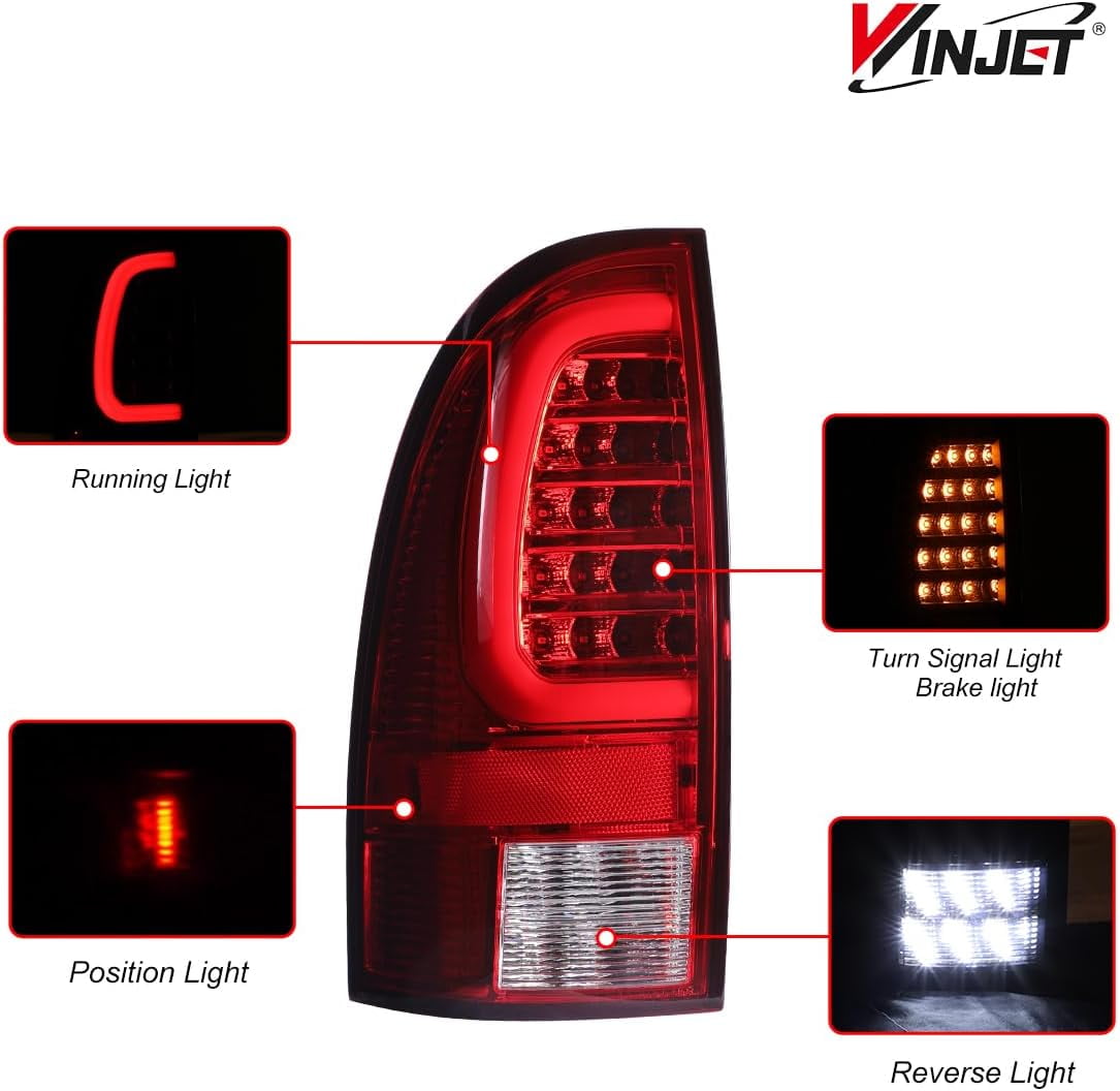 Winjet LED Tail Light Assembly Fit For 2005-2015 Toyota Tacoma,Full Led Taillight Replacement w/Yellow Sequential Turn Signal/Running/Brake/Reverse Light (Black Housing Red Lens)