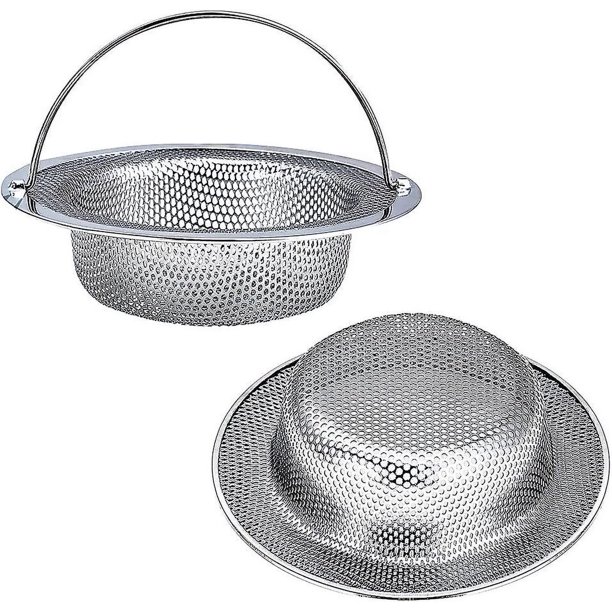 Colador para fregadero de cocina, paquete de 2 cestas coladoras para fregadero con asa, 4,5 pulgadas de diámetro, acero inoxidable, libre de óxido y apto para lavavajillas