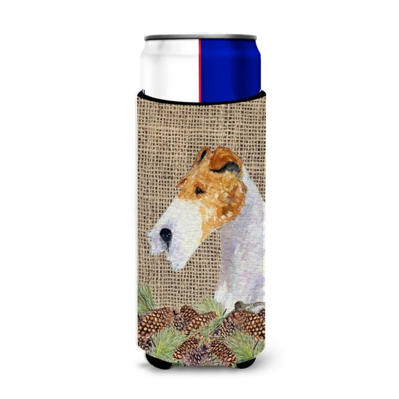 Carolines Treasures SS4069MUK Fox Terrier on Faux Burlap with Pine Cones Ultra Hugger for slim cans Slim Can multicolor
