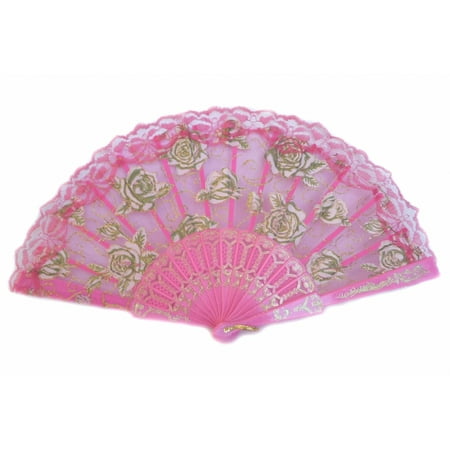 

Colorful Slab Lace Folding Fan with Rose Pictures-pink