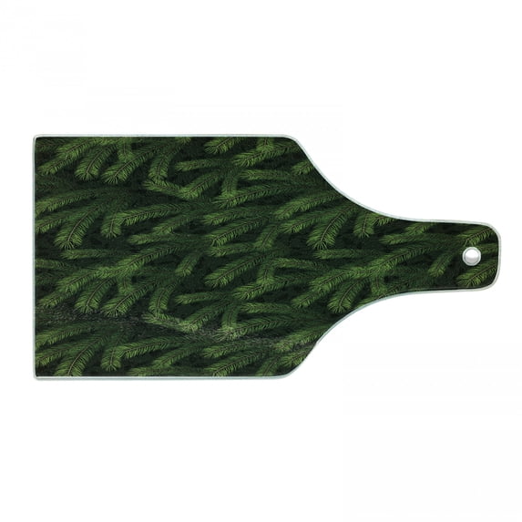 Winter Cutting Board, Vivid Fir Pine Branches Trees Coniferous Trees Evergreen Nature Forest, Tempered Glass Cutting and Serving Board, Wine Bottle Shape, Green Dark Green Caramel, by Ambesonne
