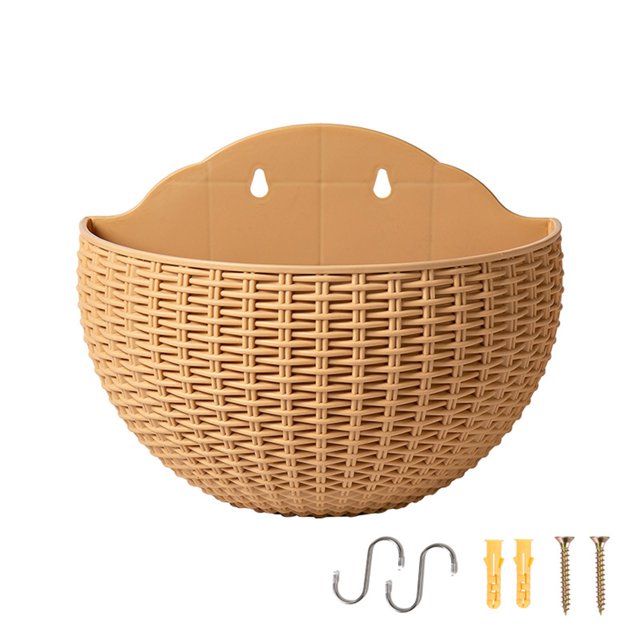 Flowerpots with Dish Ceramic, Imitation Rattan Wall Hanging Planter Semicircle Plastic Plant Baskets Container Flower Pot with Drainage and Hooks for Balcony Fence Wall Indoor Outdoor, Flower Pots