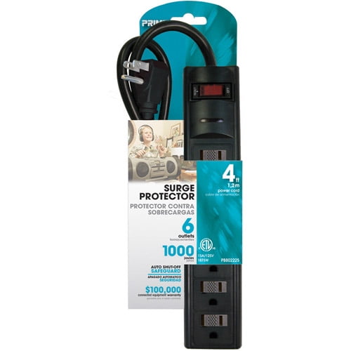 Prime 6Outlet 1000Joule Surge Protector, with 4' Cord, Black