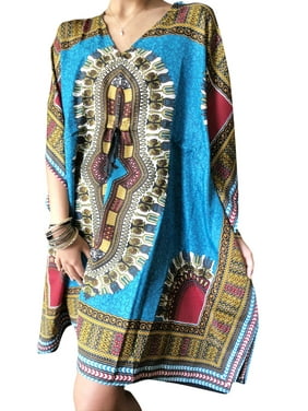 Mogul Women Beach Dress Caftan,Blue Dashiki Printed Dresses, Summer Loose Bohemian Kaftan Dresses XL