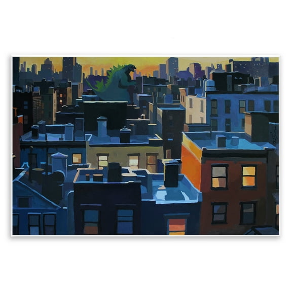 Stupell Industries Cityscape with Distant Monster Cityscapes Painting Unframed Art Print Wall Art, 15 x 10