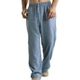thumbnail image 2 of Cotton Linen Sweatpants for Men Solid Color Elastic Waist Drawstring Breathable Loose Casual Pants Trousers, 2 of 7