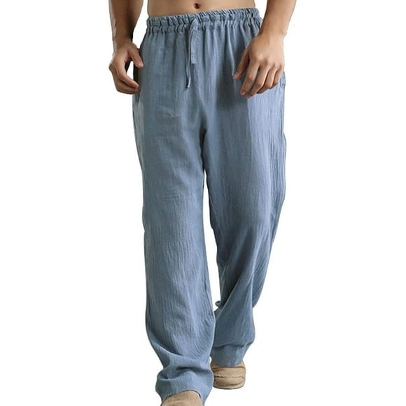 Sport Pants for Men Men's Summer Thin Breathable Washed Cotton Linen Loose Breathable Casual Sports with Pocket Pantalon Survetement Homme Blue L