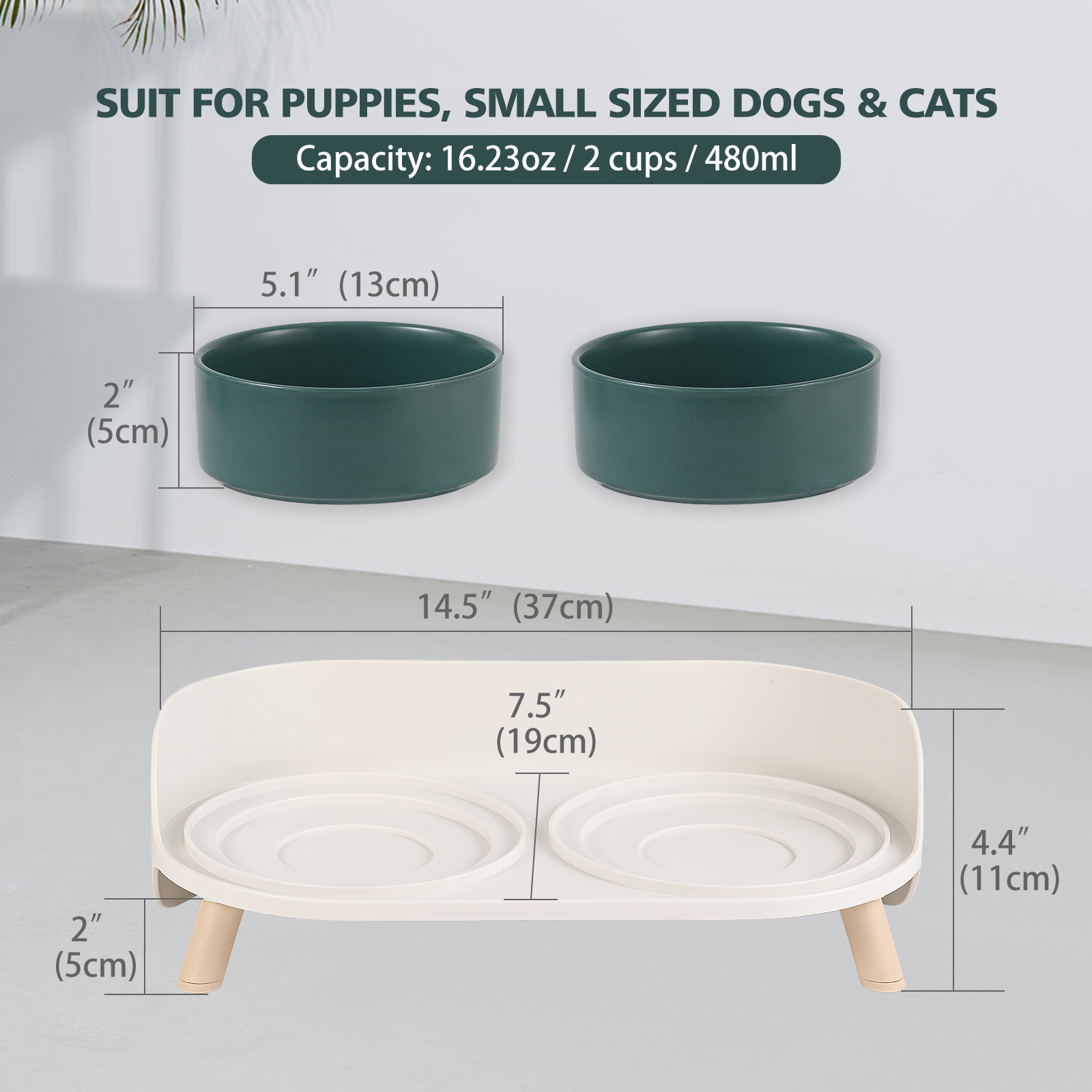 Cat Food Water Bowl Set - Raised Cat Bowls with Non Slip Stand - Elevated Puppy Bowls - Double Ceramic Cat Feeding Bowls - 2 x 480 ML - 16.23 OZ - Green