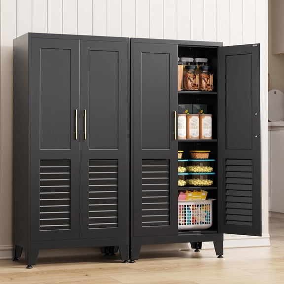 47" H Pantry Storage Cabinet with Doors and Shelves, Adjustable Kitchen Pantry Cabinet, 4-Tier Tall Metal Storage Cabinet, Craft Cabinets for Pantry, Kitchen, Laundry, Living Room, Black
