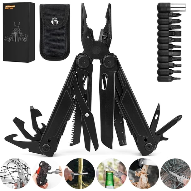 28 en 1 Navaja Multiherramientas de Acero Inoxidable, Juego de Cuchillos de Alicates de Herramientas con Funda,destornillres, destornillres, abridor de botellas(negro)