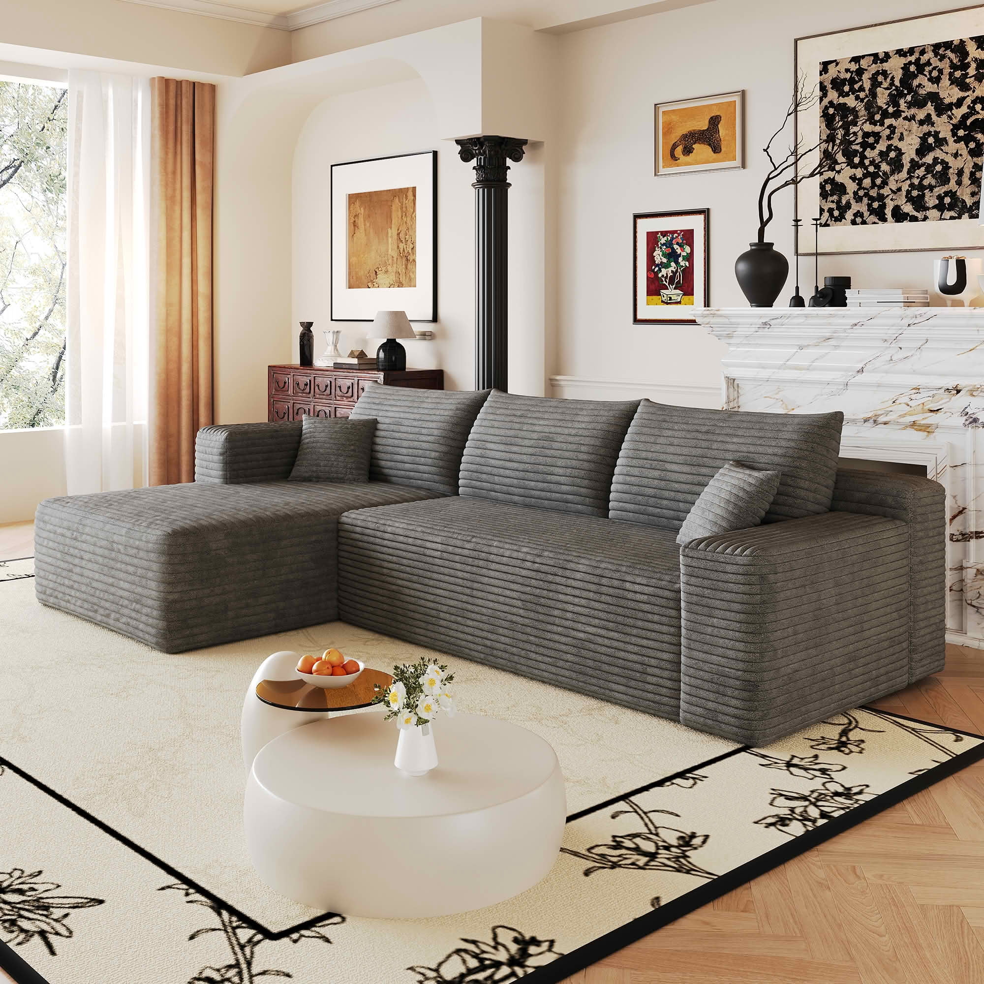 MAYEERTY 103 Inch L‑Shaped Cloud Sectional Sofa, Modern Minimalist Deep‑Seat Corner Couch, Plush Corduroy Upholstered Reversible Sofa, No‑Assembly Required for Living Room Apartment