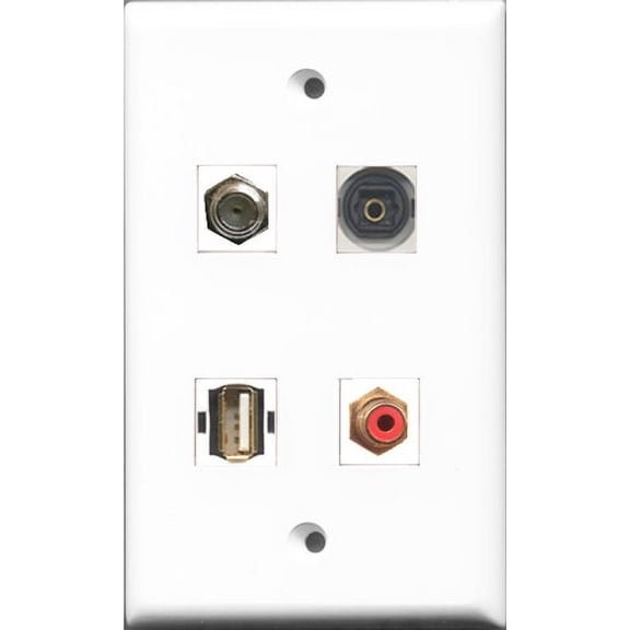 RiteAV 1 Port RCA Red and 1 Port Coax Cable TV- F-Type and 1 Port USB A-A and 1 Port Toslink Wall Plate