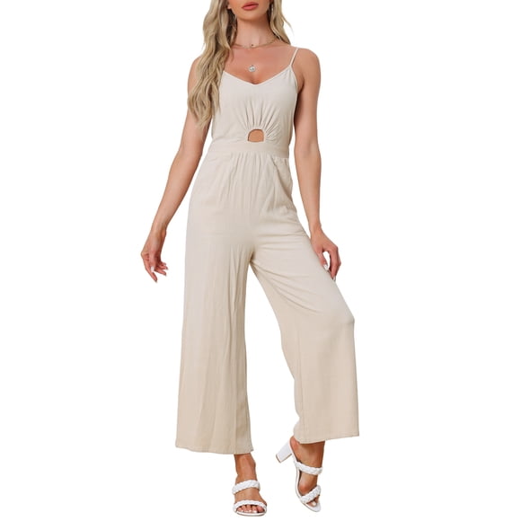 Mono de verano INSPIRE CHIC para mujer, tirantes de espagueti, corte abierto, pantalón ancho, XS, beige
