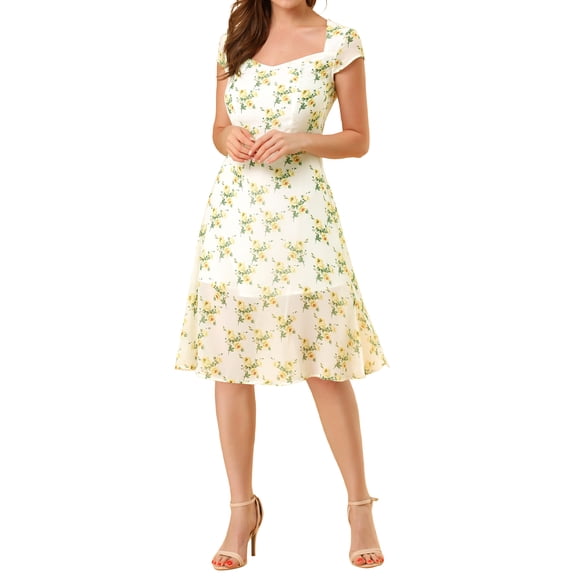 Allegra K Women's Sweetheart Neck Smocked Cap Sleeve Floral Mid Length Dress