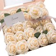 thumbnail image 1 of Flores artificiales 25 piezas de rosas falsas de espuma de marfil de aspecto real con tallos para ramos de boda de bricolaje centros de mesa de despedida de soltera blancos arreglos para fie, 1 of 4