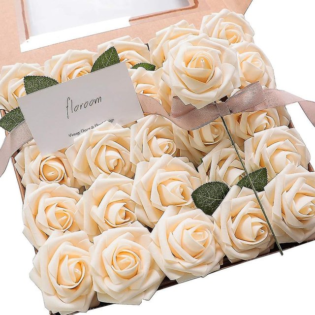 Flores artificiales 25 piezas de rosas falsas de espuma de marfil de aspecto real con tallos para ramos de boda de bricolaje centros de mesa de despedida de soltera blancos arreglos para fie