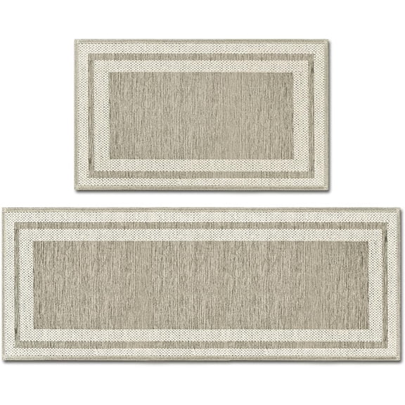 Rubber Non-Slip Washable Absorbent Kitchen Rugs and Mats Set of 2, Kitchen Mats for Floor Kitchen Runner Hallway Laundry Room in Front of Sink Beige Grey - 17x29 and 17x47 Inch