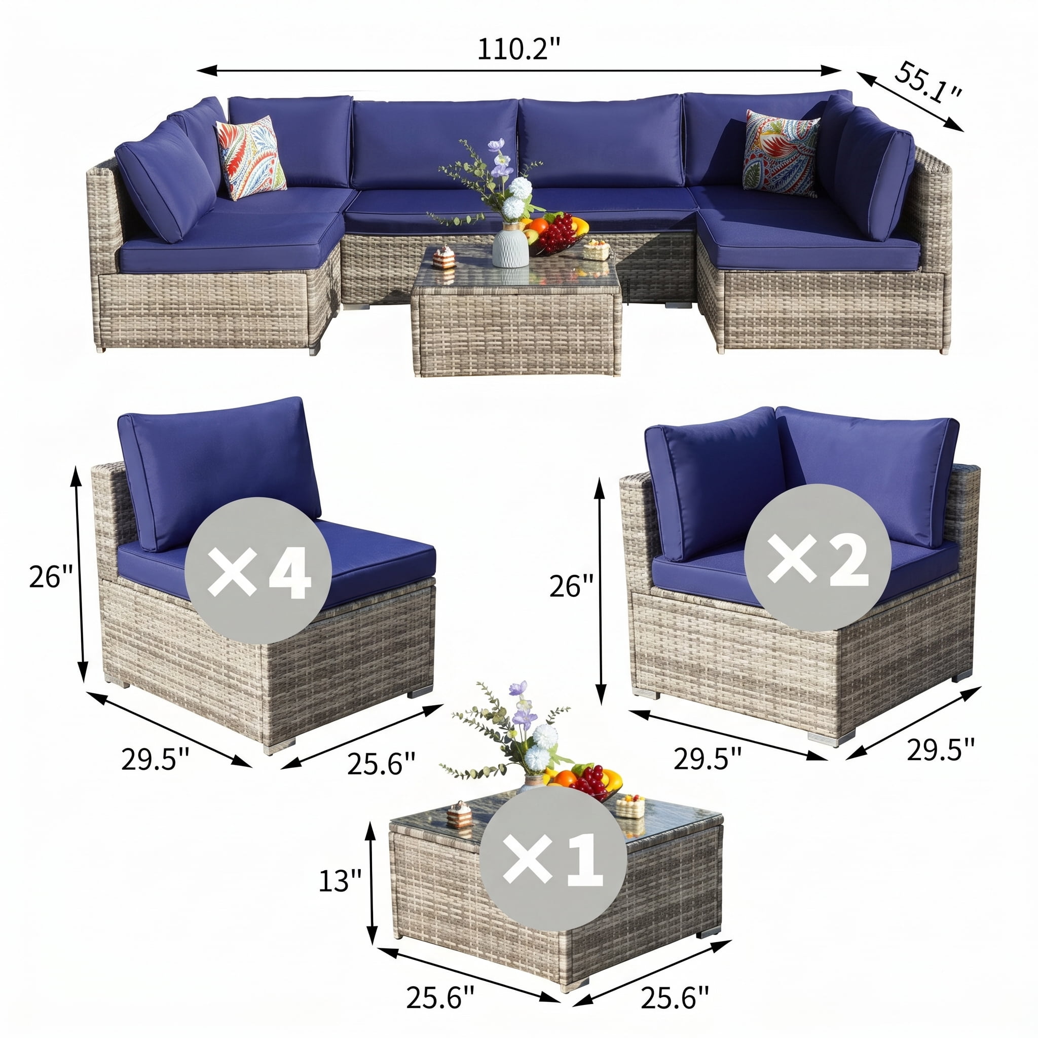Howcool 7-Piece Modular Outdoor Patio Furniture Set with Cushions and Tempered Glass Table