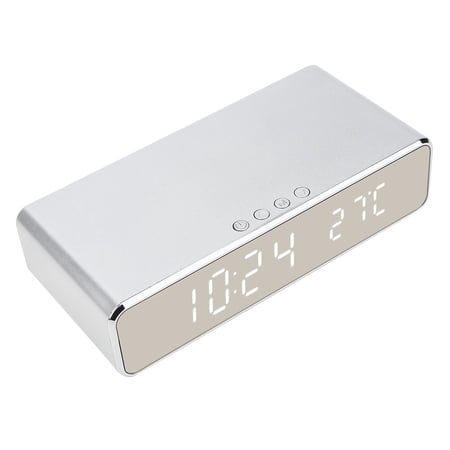 M Buder 3-in-1 Electronic Bedside Clock Thermometer Digital Alarm Clock Wireless Charger with Built-In Battery Backup, USB Powered, Silver, 6.3 inches / 16 cm