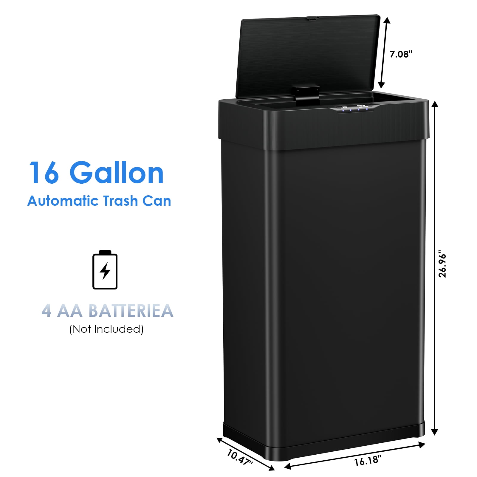 Pirecart Motion Sensor Trash Can 16 Gallon Automatic Trash Bin for Bathroom, Office, Home, Black