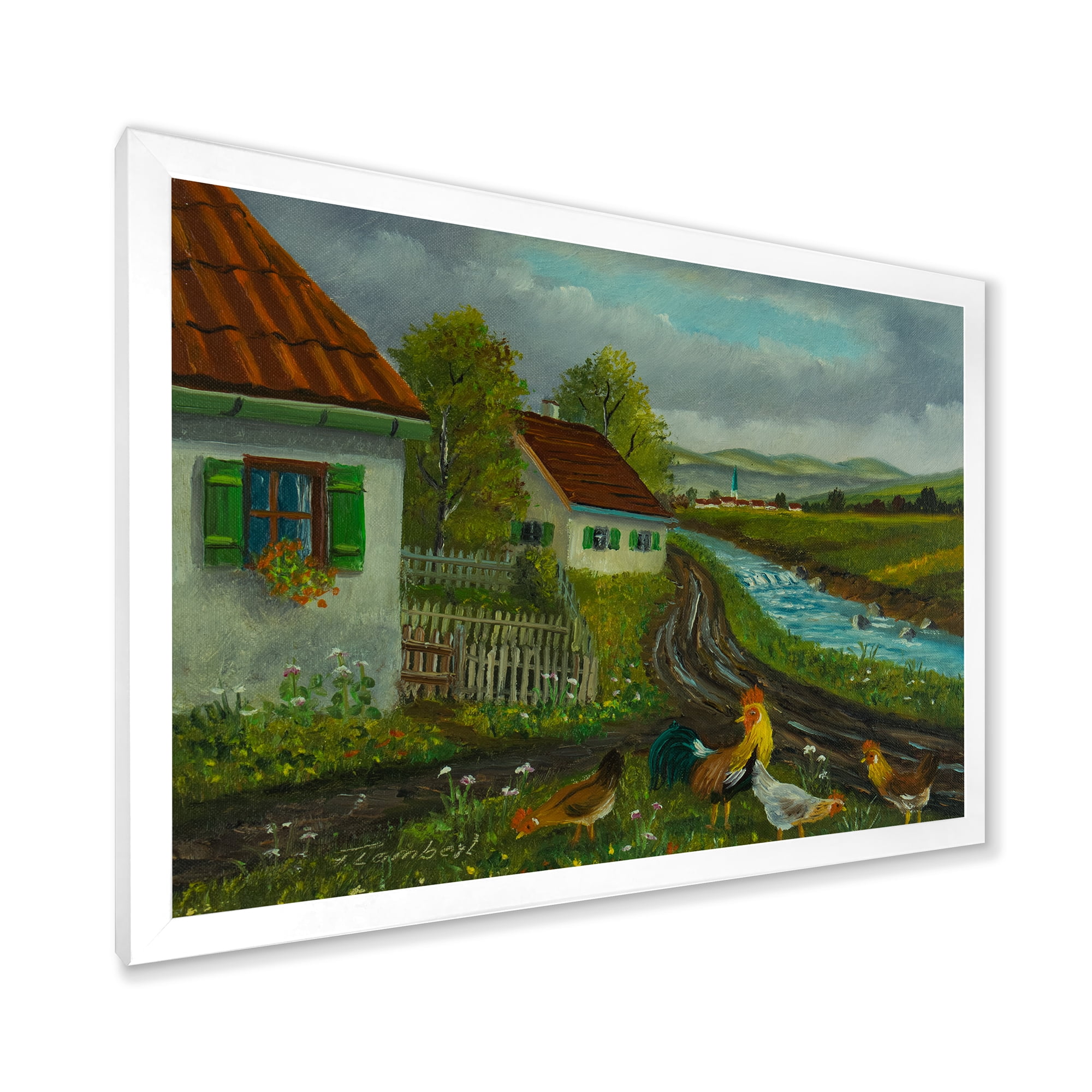 Designart 'A Cock and Three Chickens In A Meadow With Flowers' Farmhouse Framed Art Print