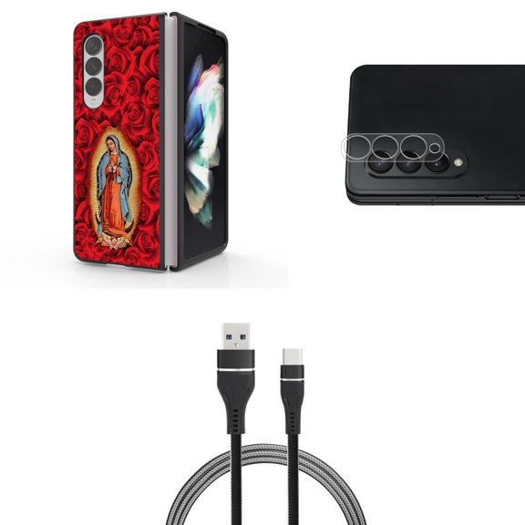 Accessory Bundle for Galaxy Z Fold 4: Slim Snap-On Case (Virgin Mary), Rear Camera Glass Protector, Nylon Braided USB-C to USB-A Cable (3 Feet)