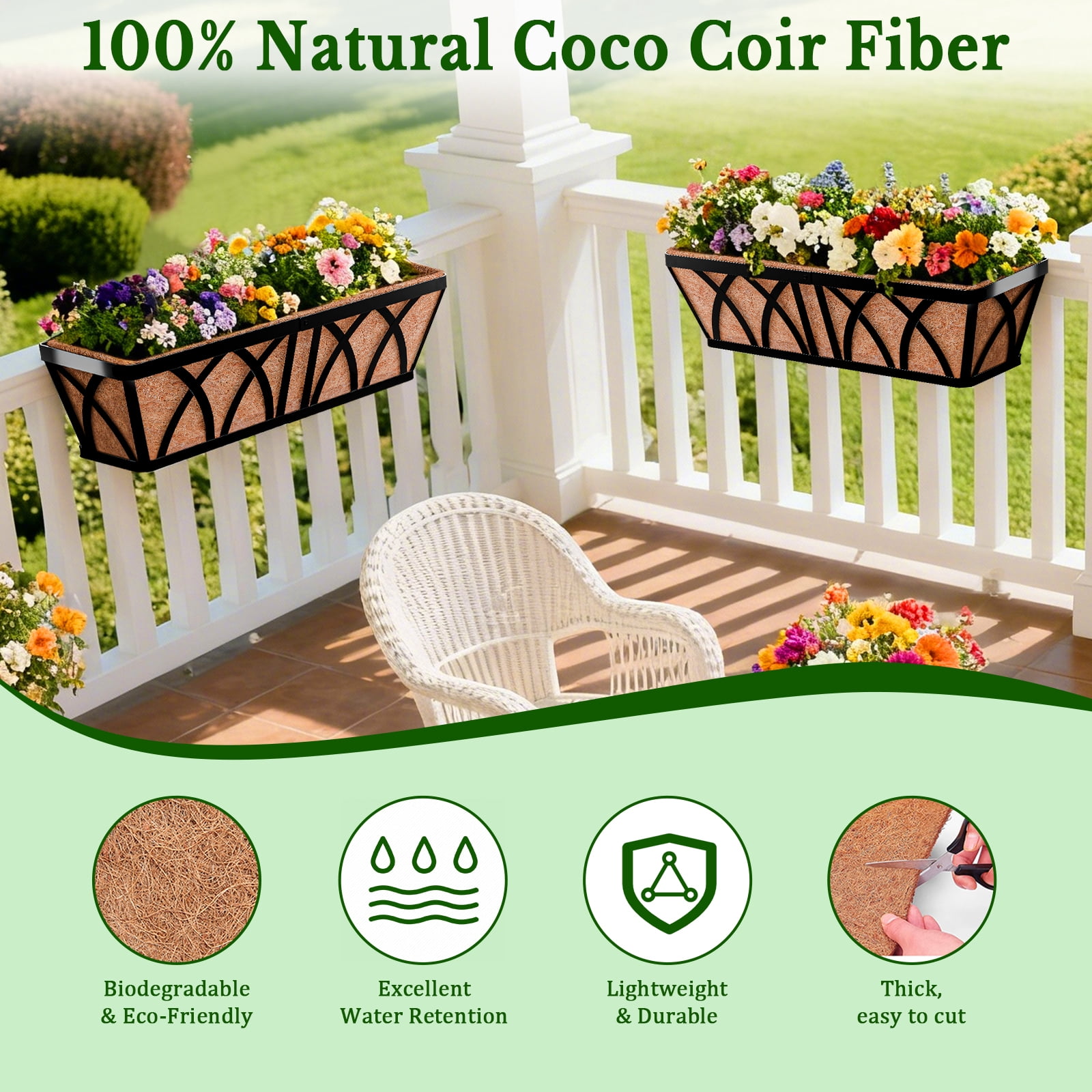 ZeeDix 2PCS 36 Inch Window Box Liners Pre-Formed Coconut Fiber Planter Liner 100% Natural Coco Fiber Liners for Planters Hanging Basket Balcony Railing and Porch