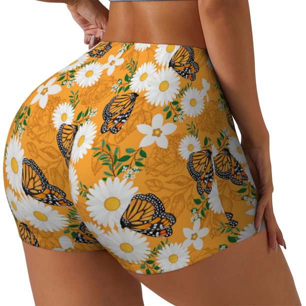 Fotbe White Floral and Butterflies Shorts Sin Costuras – Shorts Deportivos de Cintura Alta para Mujer, Elásticos para Gimnasio, Yoga, Running o Ciclismo-Small