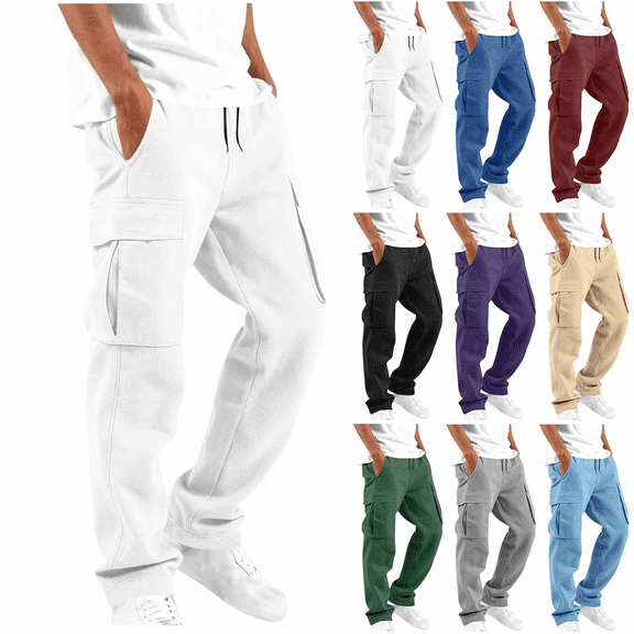 Men's Casual Cargo Sweatpants Solid Color Multi Pockets Workout Joggers Loose Straight Hiking Drawstring Athletic Pants