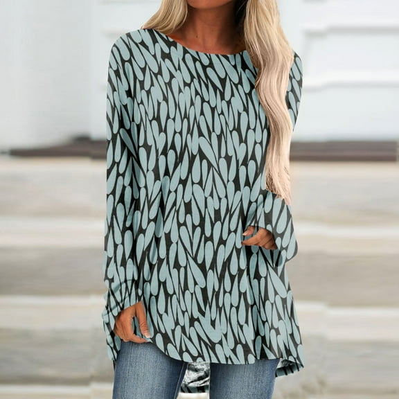 Idoravan Fashion Womens Casual Printing Pullover Tops Clearance Round Neck Long Sleeve Loose T-Shirt